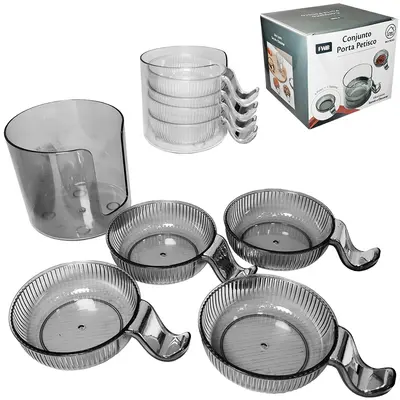 CONJUNTO PORTA PETISCO DE ACRILICO 4 POTES COM ALCA + SUPORTE TRANSCOLOR 12,5X8,5X9,5CM DE Ø