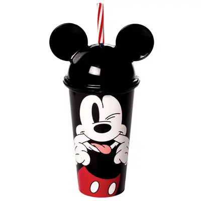 COPO COM TAMPA E CANUDO DE PLASTICO COM ORELHA MICKEY 500ML