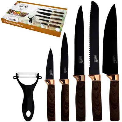 CONJUNTO DE FACA DE COZINHA DE INOX COM CORTADOR / DESCASCADOR CABO EMBORRACHADO TIPO MADEIRA