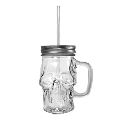 CANECA COPO DE VIDRO CAVEIRA COM CANUDO + TAMPA METAL 400ML