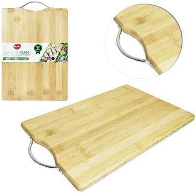 TABUA DE CORTE DE MADEIRA / BAMBU MULTIUSO RETANGULAR COM ALCA DE METAL 34X24CM