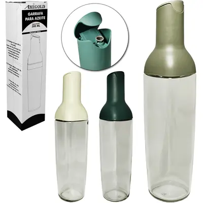 AZEITEIRO/VINAGREIRO DE VIDRO COM BICO DOSADOR PLASTICO ABRE E FECHA AUTOMATICA 500ML