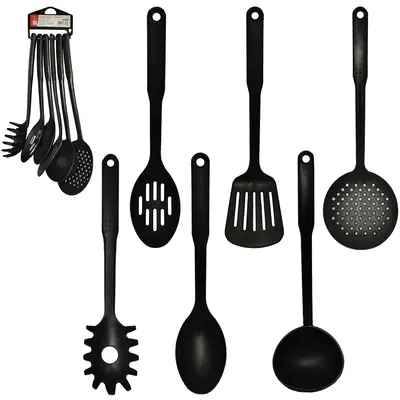 KIT UTENSILIOS COM 2 COLHER / CONCHA / PEGADOR / ESCUMADEIRA / ESPATULA VAZADA DE NYLON