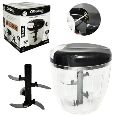 PROCESSADOR DE ALIMENTOS MANUAL A CORDA COM 5 LAMINAS DE INOX PREMIUM PRETO 900ML 14X13CM DE Ø