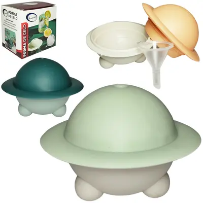 FORMA DE GELO OVNI BOLA ESFERICA DE SILICONE COM TAMPA 6X8,3CM DE Ø + FUNIL 4X3CM DE Ø