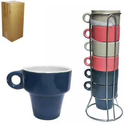 JOGO DE XICARA DE PORCELANA EMPILHAVEL PARA CAFE 6 PECAS 85ML + SUPORTE ARAMADO 23,5X9CM DE Ø