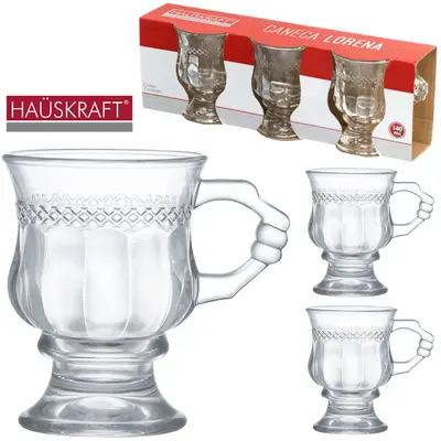 JOGO DE CANECA XICARA DE VIDRO PARA CAFE / CAPPUCCINO LORENA HAUSKRAFT COM 3 PECAS 140ML