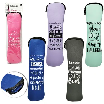 PORTA TALHER ESTOJO COM ZIPER NEOPRENE COLORS FRASES 24X7CM