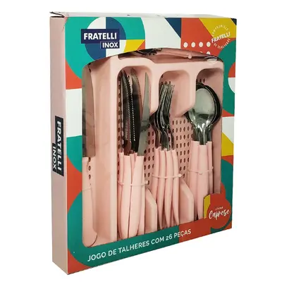 CONJUNTO DE TALHERES / FAQUEIRO DE INOX COM 25 PECAS CABO PLASTICO+ PORTA TALHER ROSA