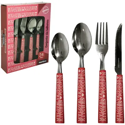 CONJUNTO DE TALHERES / FAQUEIRO DE INOX COM 24 PECAS CABO PLASTICO VERMELHO DECORADO