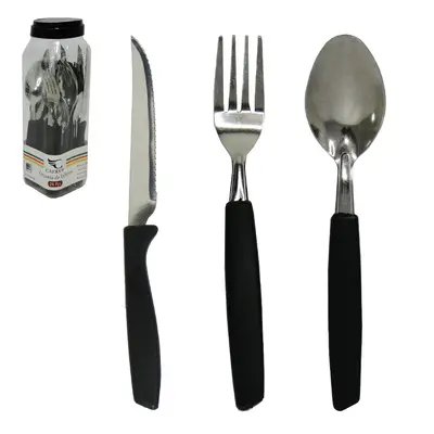 CONJUNTO DE TALHERES / FAQUEIRO DE INOX COM 24 PECAS CABO PRETO NO POTE