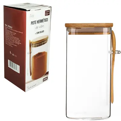 POTE DE VIDRO BOROSSILICATO LISO REDONDO COM ALCA + COLHER E TAMPA HERMETICA MADEIRA / BAMBU 380ML