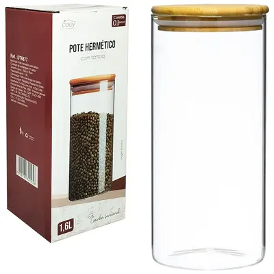 POTE DE VIDRO BOROSSILICATO LISO REDONDO COM TAMPA HERMETICA DE MADEIRA / BAMBU 1,6L