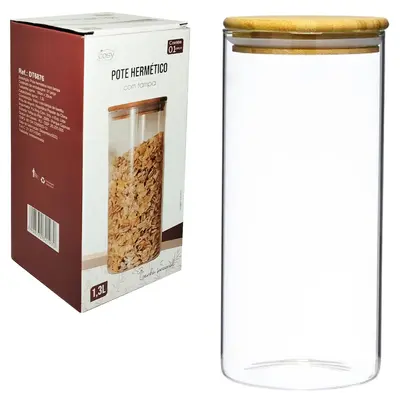POTE DE VIDRO BOROSSILICATO LISO REDONDO COM TAMPA HERMETICA DE MADEIRA / BAMBU 1,3L