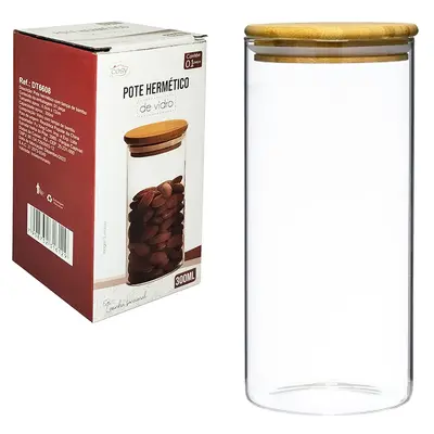 POTE DE VIDRO BOROSSILICATO REDONDO COM TAMPA HERMETICA DE MADEIRA / BAMBU 300ML