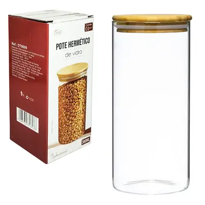 POTE DE VIDRO BOROSSILICATO REDONDO COM TAMPA HERMETICA DE MADEIRA / BAMBU 380ML