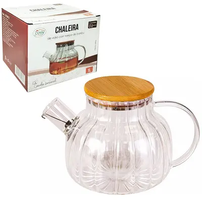 CHALEIRA VIDRO BOROSSILICATO COM COADOR INOX NO BICO + TAMPA MADEIRA / BAMBU 1L