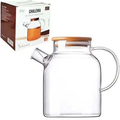 CHALEIRA VIDRO BOROSSILICATO COM COADOR INOX NO BICO + TAMPA MADEIRA/BAMBU 1,8L