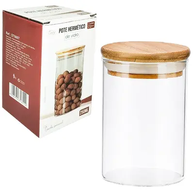 POTE DE VIDRO BOROSSILICATO REDONDO COM TAMPA HERMETICA DE MADEIRA/BAMBU 250ML