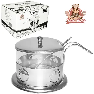 ACUCAREIRO DE VIDRO / INOX COM TAMPA + COLHER 230ML 14X8CM DE Ø