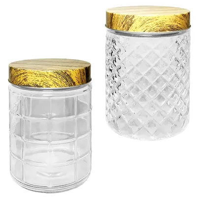 POTE DE VIDRO REDONDO COM TAMPA INOX TIPO MADEIRA 1290ML