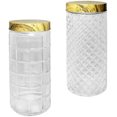 POTE DE VIDRO REDONDO COM TAMPA INOX TIPO MADEIRA 2200ML