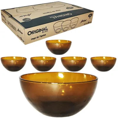 JOGO DE TIGELA DE VIDRO REDONDA PARA SOBREMESA ORIENTE AMBAR COM 6 PECAS 365ML