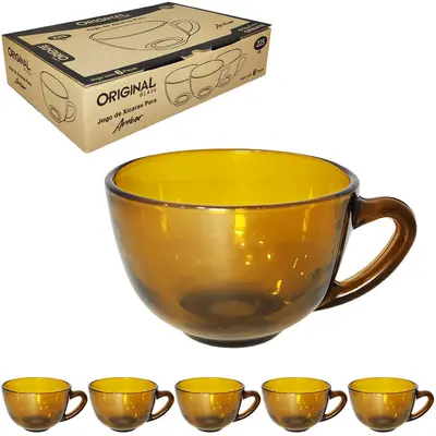 JOGO DE CANECA XICARA DE VIDRO PARA CHA PERA ORIENTE AMBAR COM 6 PECAS 225ML