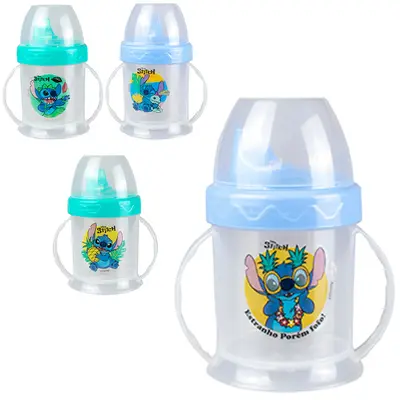 COPO BABY COM TAMPA + BICO E ALCA DE PLASTICO CHUQUINHA KIDS STITCH GRADUADO 220ML