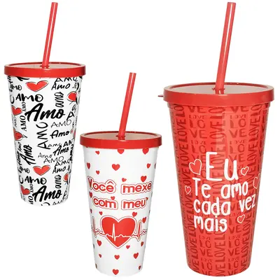 COPO COM TAMPA E CANUDO DE PLASTICO FRASES 600ML