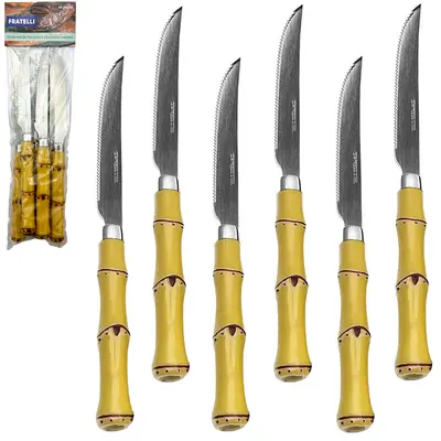 FACA DE CHURRASCO DE INOX CABO PLASTICO BAMBU COM 6 PECAS 21,5CM