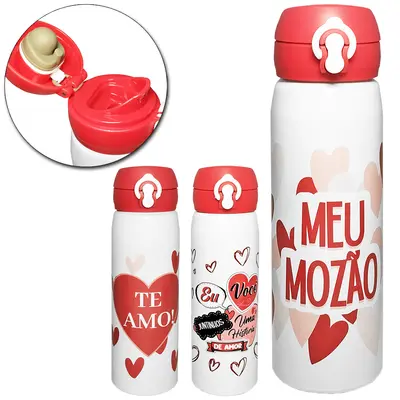 GARRAFA SQUEEZE DE ALUMINIO CORACAO COM TAMPA + BOTAO E TRAVA 600ML