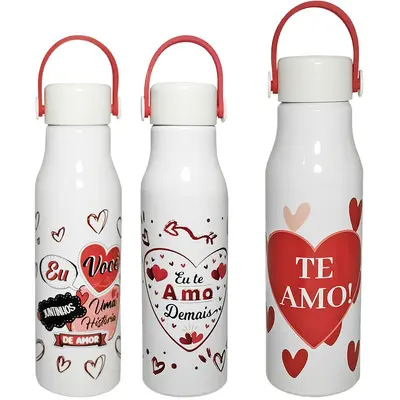 GARRAFA SQUEEZE DE ALUMINIO CORACAO COM TAMPA + ALCA DE SILICONE 600ML
