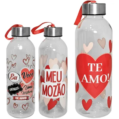 GARRAFA SQUEEZE DE PLASTICO PET CORACAO COM TAMPA DE INOX + ALCA 580ML