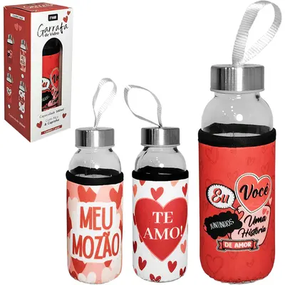 GARRAFA DE VIDRO COM TAMPA DE INOX + CAPA NEOPRENE CORACAO 300ML
