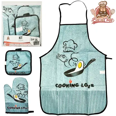 KIT COZINHA COM AVENTAL + LUVA PARA COZINHA E DESCANSO DE PANELA COM 3 PECAS BONS CHEFF