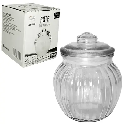 POTE DE VIDRO REDONDO COM TAMPA HERMETICA DE VIDRO 600ML