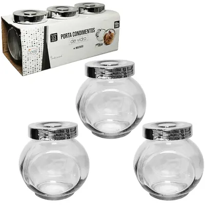 PORTA CONDIMENTO DE VIDRO BALEIRO COM TAMPA PLASTICO METALIZADO 3 PECAS 180ML