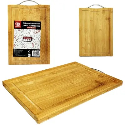 TABUA DE CORTE DE MADEIRA / BAMBU MULTIUSO RETANGULAR COM ALCA DE METAL 32X22CM
