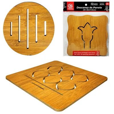 DESCANSO DE PANELA DE MADEIRA MDF TIPO BAMBU QUADRADO / REDONDO PREMIER 16,5/16,5CM DE Ø