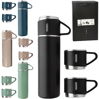 GARRAFA TERMICA DE INOX COM PAREDE DUPLA + 3 CANECAS TAMPA 420/150ML