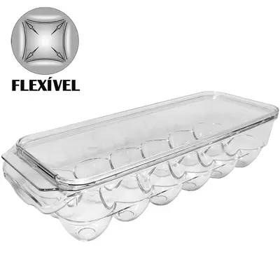 PORTA OVOS DE PLASTICO PET FLEXIVEL RETANGULAR COM 12 CAVIDADES COM TAMPA E ALCA 23,5X12X8CM