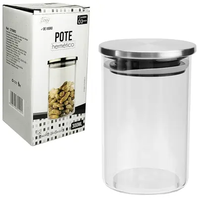 POTE DE VIDRO BOROSSILICATO LISO REDONDO COM TAMPA HERMETICA DE METAL 300ML