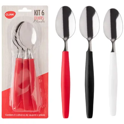 COLHER DE MESA DE INOX CABO PLASTICO BRANCO / VERMELHO / PRETO MADRI 6 PECAS 19,5X3,6CM