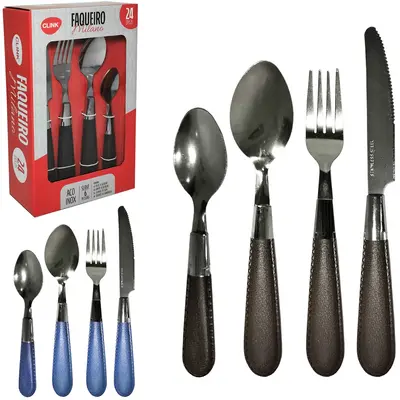 CONJUNTO DE TALHERES / FAQUEIRO DE INOX COM 24 PECAS CABO PLASTICO AZUL / MARROM MILANO