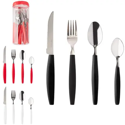 CONJUNTO DE TALHERES / FAQUEIRO DE INOX COM 24 PECAS CABO PLASTICO BRANCO / VERMELHO / PRETO MADRI NO POTE