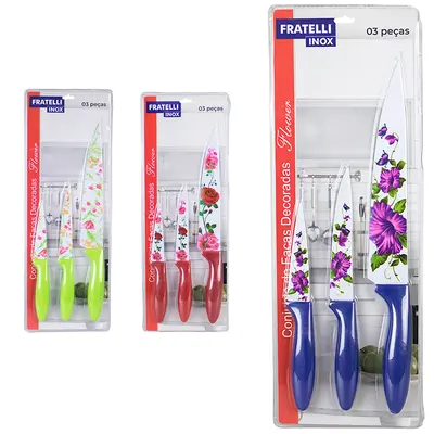 CONJUNTO DE FACA DE INOX DE COZINHA DECORADA FLOWER CABO PLASTICO 3 PECAS