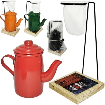 PORTA FILTRO / COADOR DE CAFE ARAMADO COM COADOR DE PANO FLANELADO E BASE DE MADEIRA + BULE 400ML