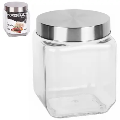 POTE DE VIDRO QUADRADO LISO COM TAMPA DE INOX SAFIRA 1,2L