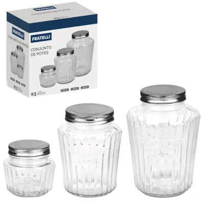 CONJUNTO DE POTE DE VIDRO REDONDO QUALITY COM TAMPA DE METAL 3 PECAS 980 / 480 / 280ML